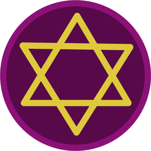 A drawing of a dark purple circle with a gold Magen David on it